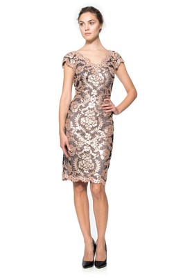 $328 Tadashi Shoji Sequin Paillette Embroidered Lace Antique Pink Sheath Dress