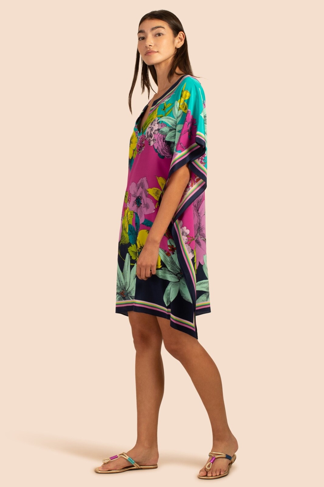 Pre-owned Trina Turk Theodora Grand Garden Silk Crepe De Chine Caftan Flowy Dress M L $348 In Multicolor