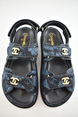 Pre-owned Chanel 21a Blue Black Grey Denim Cc Logo Mule Slide Strap Flat Dad Sandal 36