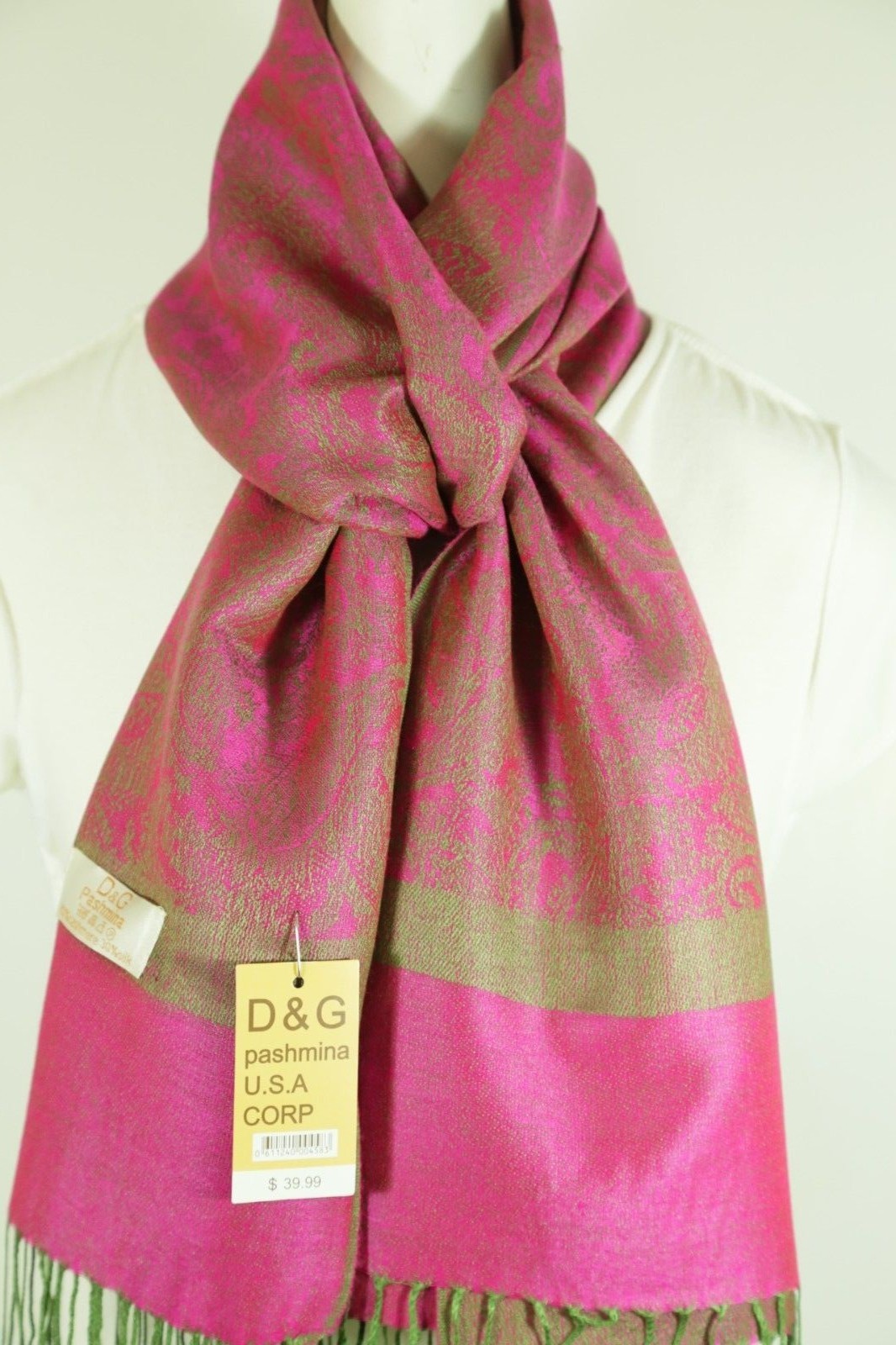 Women's Pashmina Scarf Shawl-Paisley Hot-Pink Green,Silk Cashmere*Soft*027
