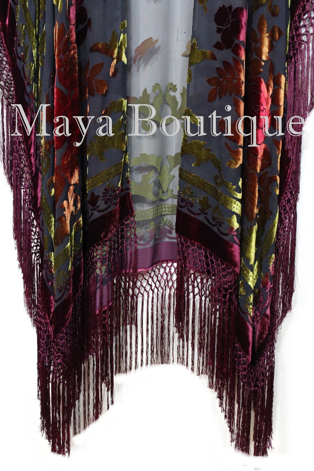 Pre-owned Maya Matazaro Tie Dye Burgundy Multi Fringe Kimono Burnout Velvet Jacket Coat In Tye Dye Burgundy Multi