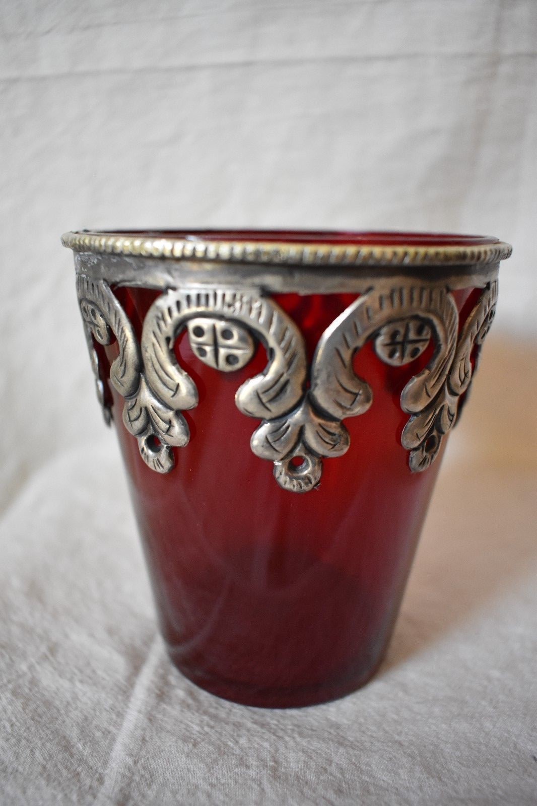 Maroon Glass Bowl with Pewter Decorative Ring Made in India unique over 4 inches