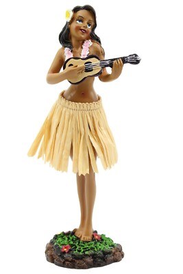 Hawaiian Hula Lady w Ukulele Dashboard Doll - 7'' Doll, Hawaii Souvenir, Natural