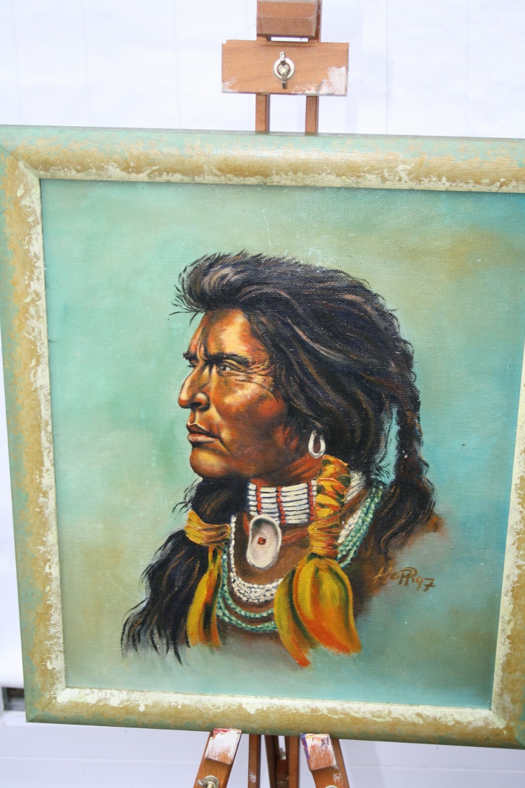 Tolles Indianerbild  Acryl o. Ölbild auf  Holz Häuptling Handgemalt signiert