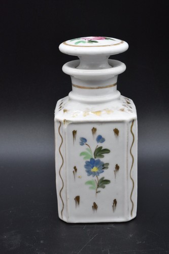 Old Paris French Porcelain Perfume Cologne Bottle White w/Pink Roses Gold