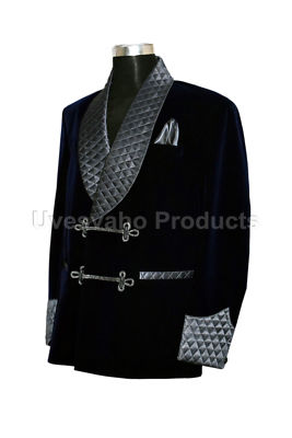 HANDMADE HERREN RAUCHEN JACKEN HEIDELBEERE BLAU SCHALKRAGEN GESTEPPT SAMT BLAZER MANTEL