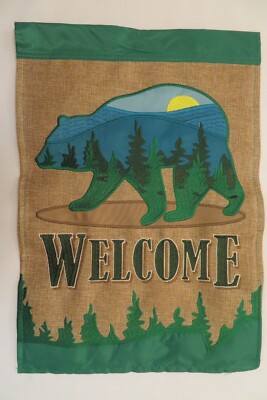 ''WELCOME'' Bear with Mountain Trees, applique Burlap -LOOK Garden Flag