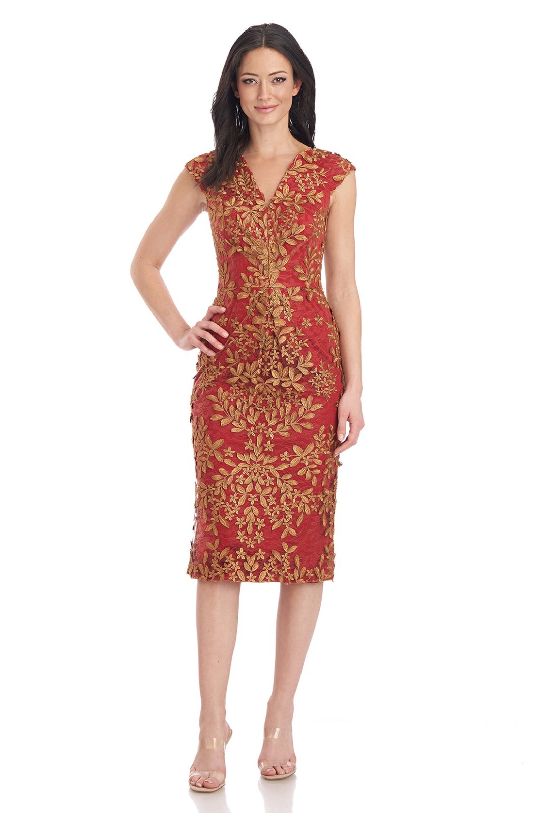 JS COLLECTIONS Red Gold 3D Leaf Embroidered Mesh Illusion V-Neck Mid Dress 16 XL
