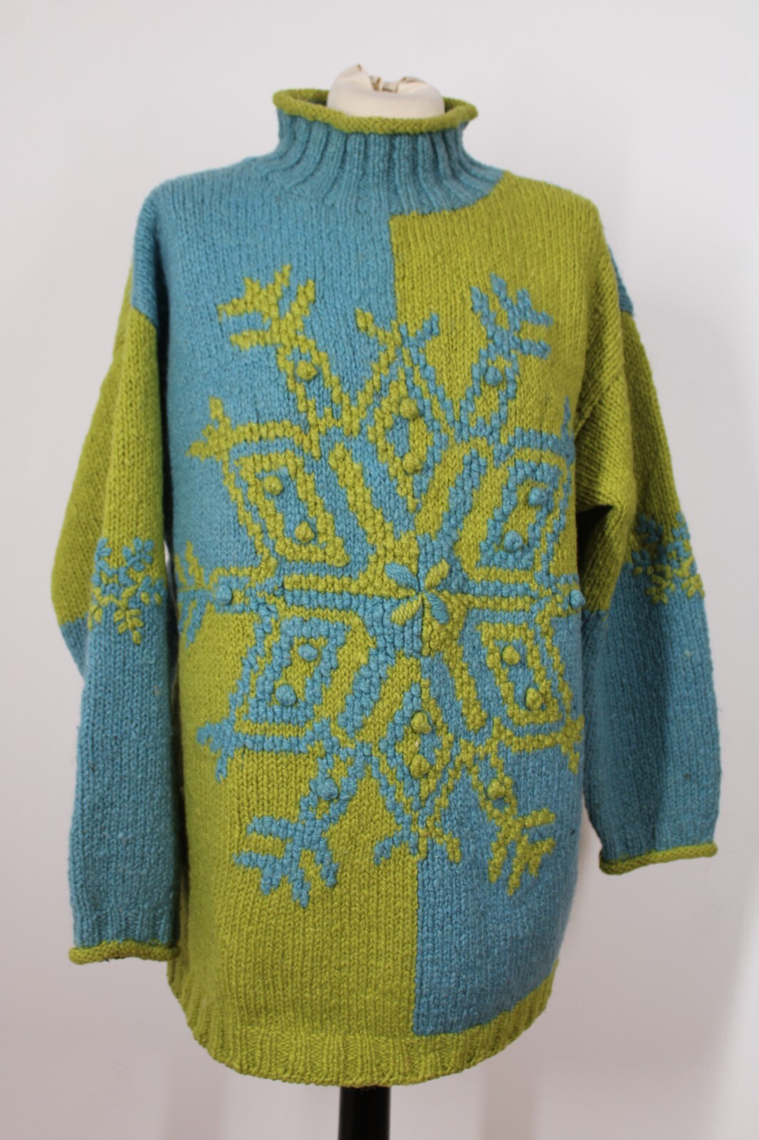 Vtg 90s Express Tricot L Chunky Snowflake Green Blue
