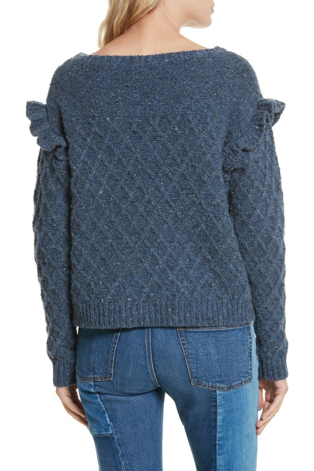 

LA VIE Rebecca Taylor Свитер цвета индиго с решетчатой решеткой из шерсти альпаки и рюшами, Синий