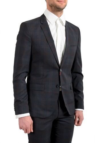 Pre-owned Hugo Boss Men's "arti/hesten182" Extra Slim Plaid 100% Wool Two Button Suit In Blue/red