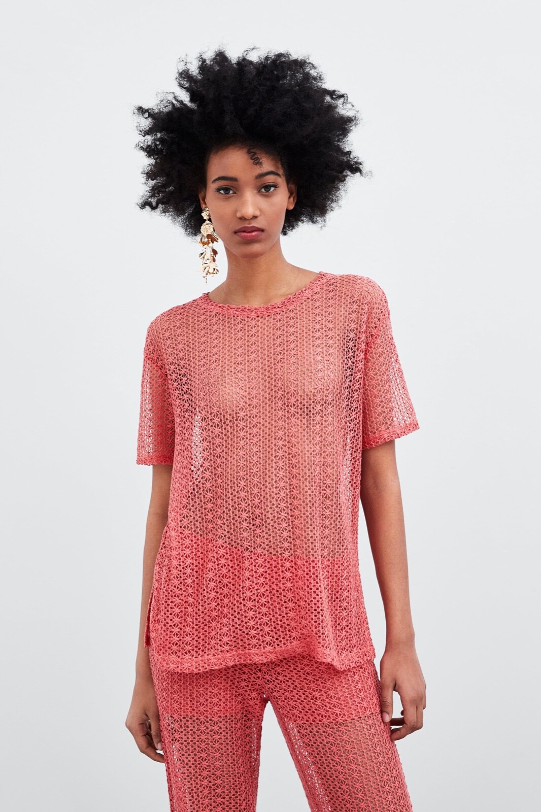 Zara Pink Crochet Style Openwork Shirt See Through Knit