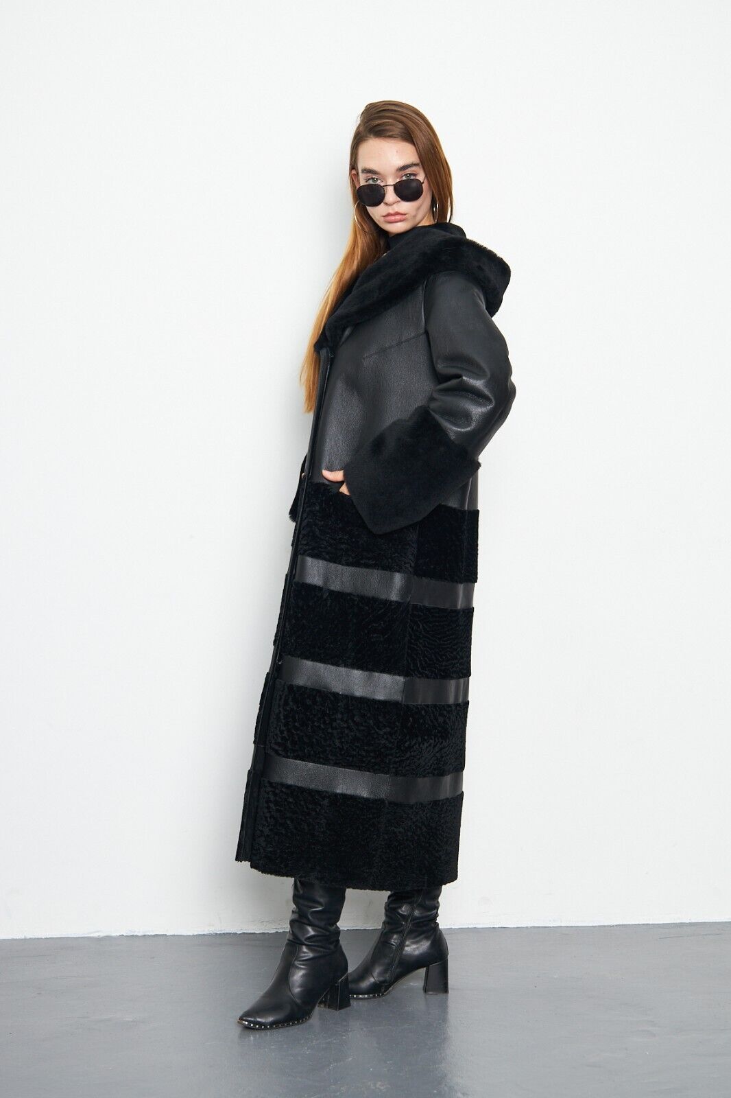 Pre-owned Handmade Astrakhan Fur Genuine Leather Coat Bdchsn01 In Black