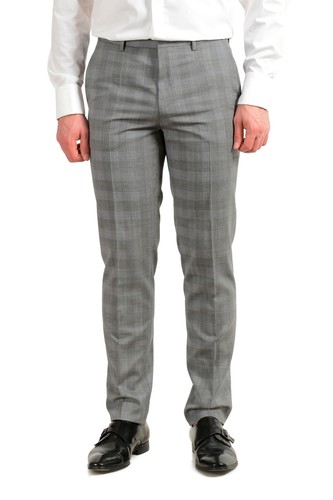 Pre-owned Hugo Boss "astian/hets182" Men's 100% Wool Extra Slim Fit Plaid Two Button Suit In Gray