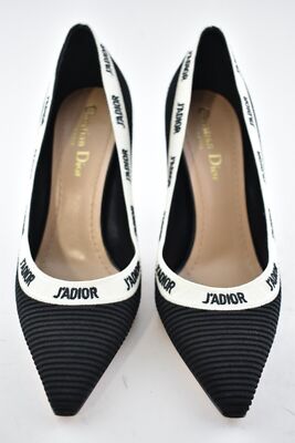 Pre-owned Dior J'a Ja Black White Ribbon Logo Embroidered Cotton Heel Pump 39