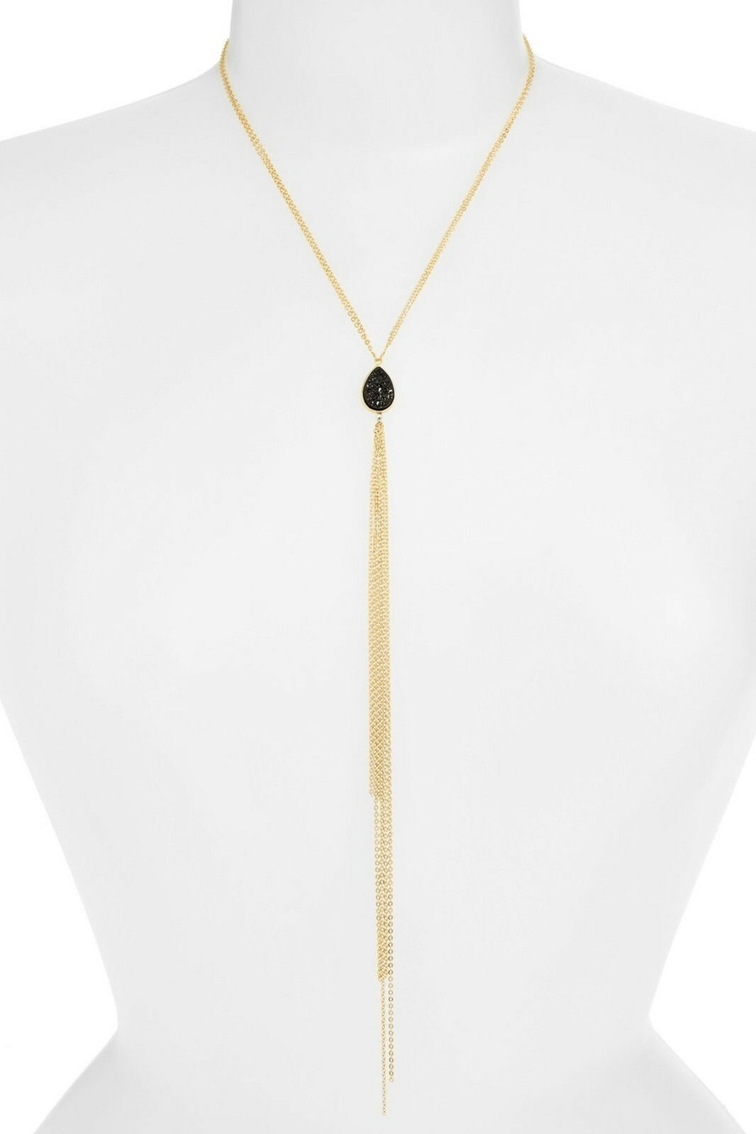 SONYA RENEE Womens Black Mindee Semiprecious Stone Tassel Y-Necklace Chain Gold