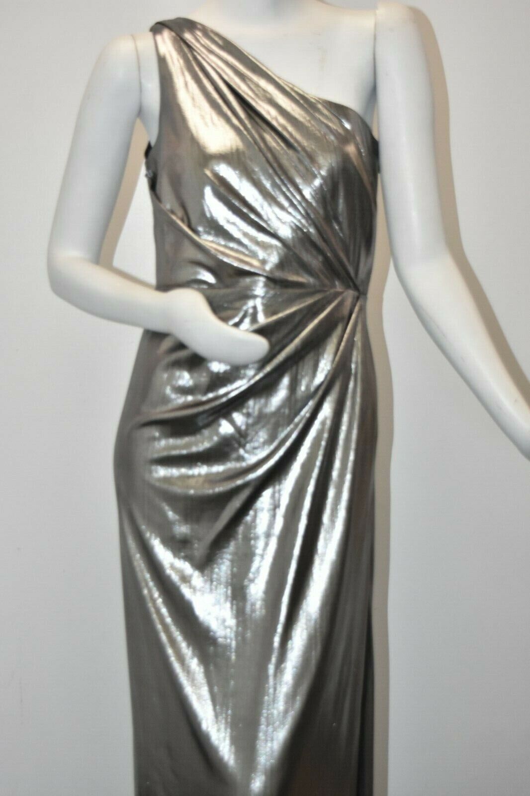 Pre-owned Marchesa Notte $795  One Shoulder Pleated Gown Dress Silver Grey 2 6 In Gray