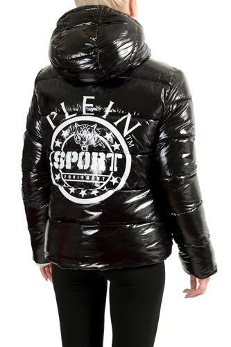 Plein Sport Women's Black Hooded Reversible Sherpa Logo Print Parka Jacket
