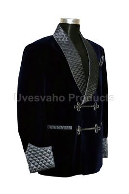 HANDMADE HERREN RAUCHEN JACKEN HEIDELBEERE BLAU SCHALKRAGEN GESTEPPT SAMT BLAZER MANTEL