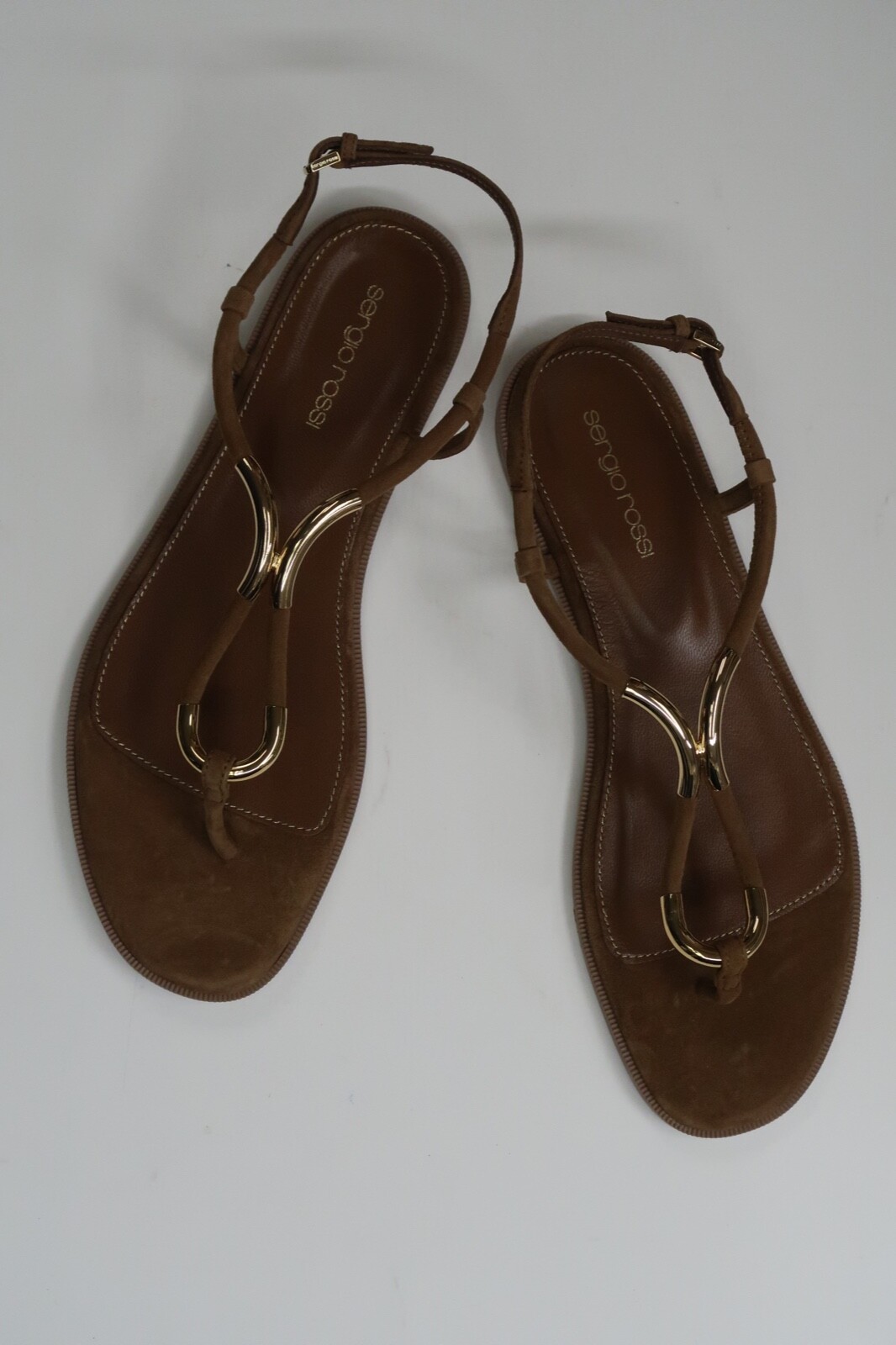 Pre-owned Sergio Rossi Women's Gold Hardware Twist Brown Flat Thong Sandals Eu 39 $595