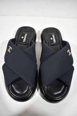 Pre-owned Chanel Rev Black Fabric Criss Cross Puffy Cc Logo Slide Mule Sandal Flop Flat 37