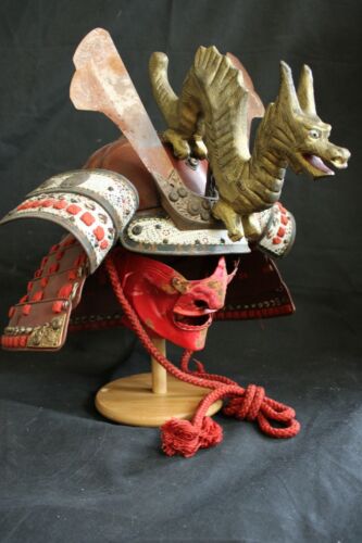 vintage  Japanese samurai armor helmet ( kabuto)+face mask(menpo)+maetate