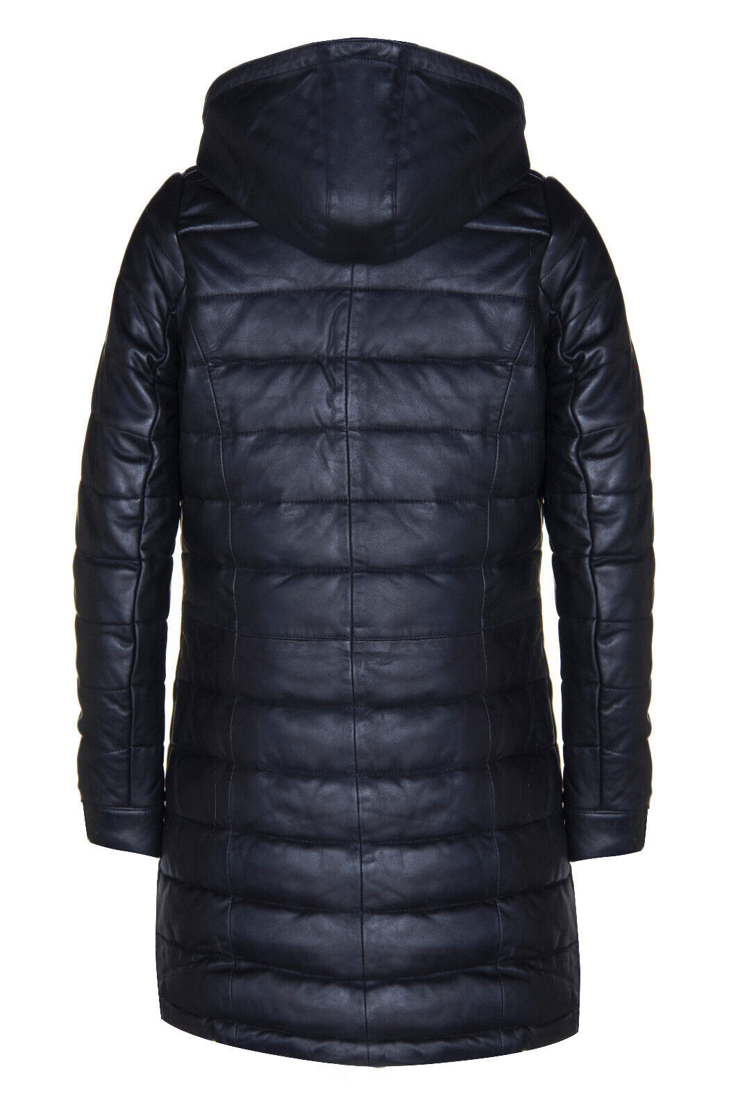 Pre-owned Infinity Women's Black Leather Puffer Jacket Quilted Overcoat Hooded Trench Parka Coat