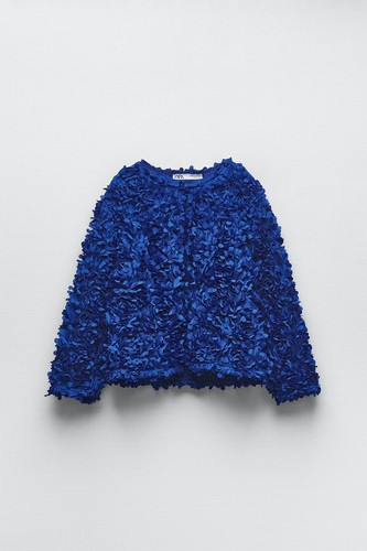 ZARA BLUE TEXTURED WEAVE KNIT CARDIGAN FLOWER PETAL JACKET