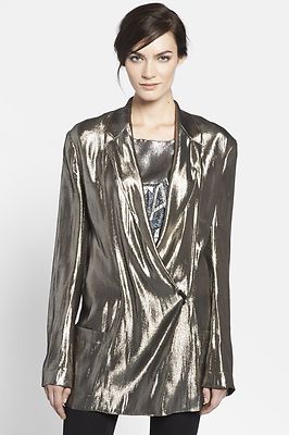 

LANVIN Runway Vintage Светло-бронзовый золотой металлизированный шелковый блейзер 36  США, Многоцветный