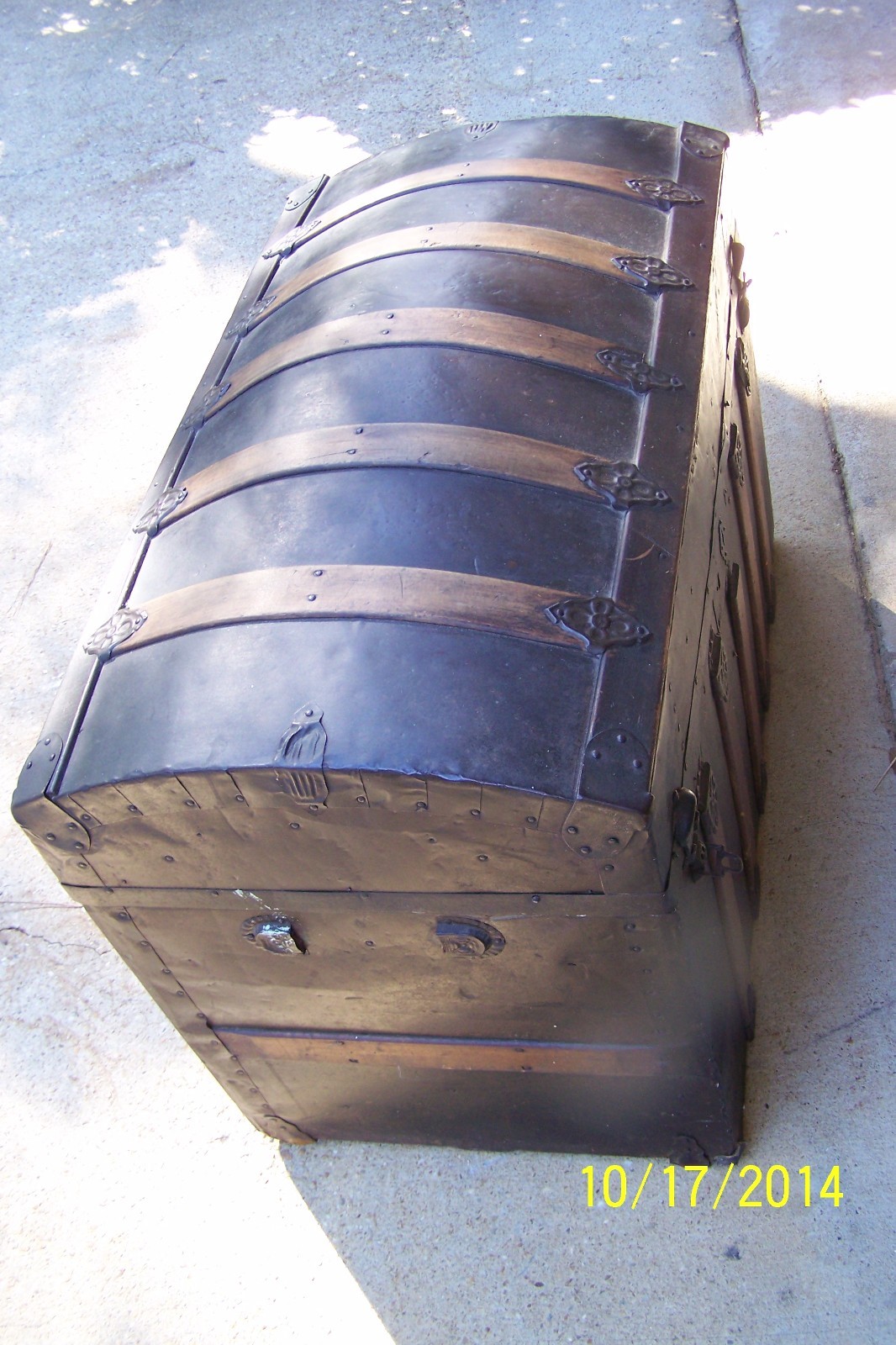 Antique Dome Top Victorian Steamer Trunk Embossed Tin and Wood Circa late 1800s