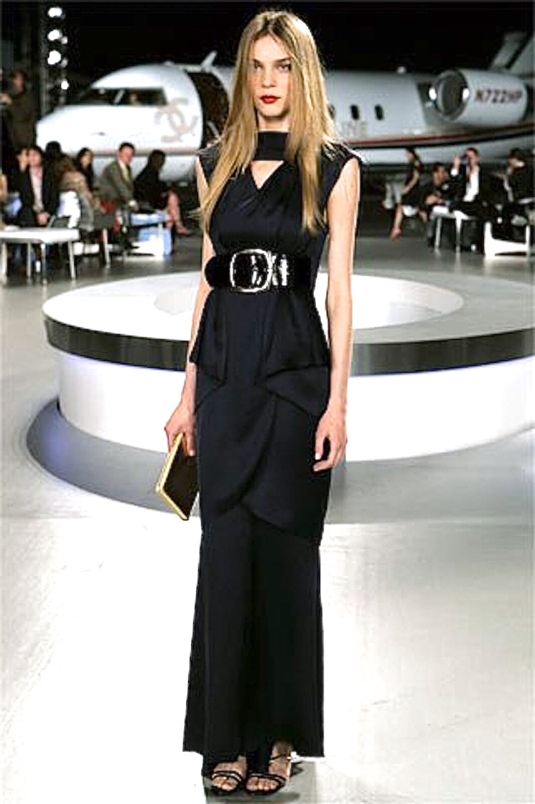 CHANEL 08C BLACK SILK LAYERED KEY HOLE PEPLUM HIP DRESS GOWN