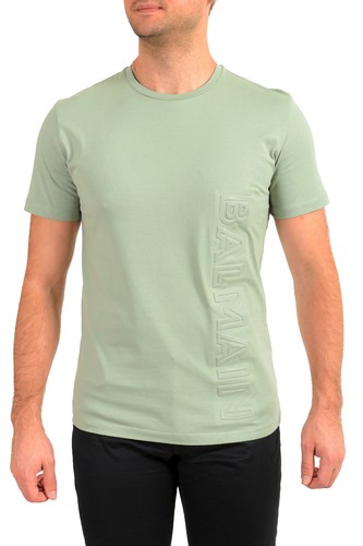 Pre-owned Balmain Men's Light Green Embossed  Logo Crewneck Short Sleeve T-shirt