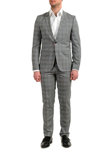 Pre-owned Hugo Boss "astian/hets182" Men's 100% Wool Extra Slim Fit Plaid Two Button Suit In Gray