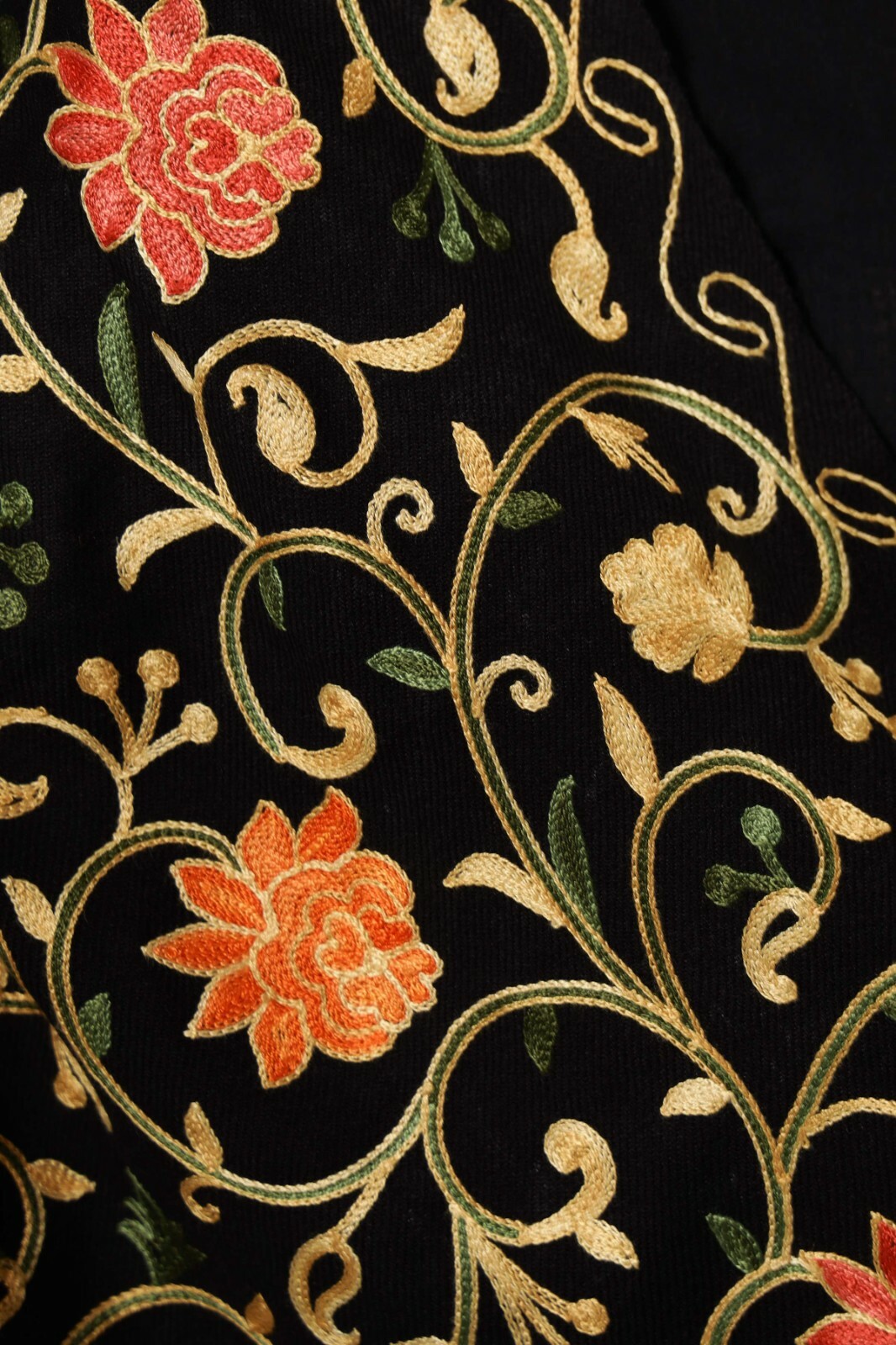 Black Indian Wool Shawl Embroidered Pink Orange Flowers & Gold Vine Pashmina Ari