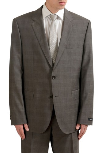 Pre-owned Hugo Boss "the James4/sharp6" Men's 100% Wool Two Button Plaid Suit Us 46r It 56 In Brown