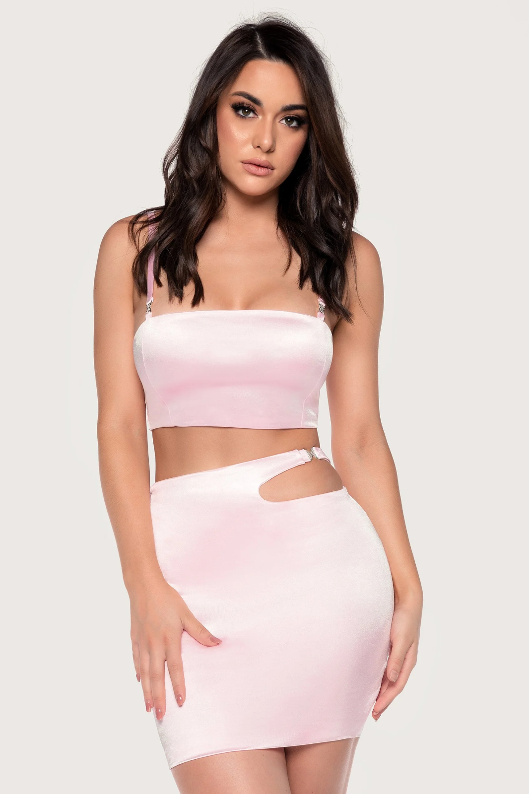 NWOT - MESHKI - Mabella cut out signature mini skirt , baby pink sz Medium