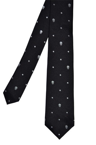 Alexander McQueen Black Silk Silver Skull & Stars Mens silk