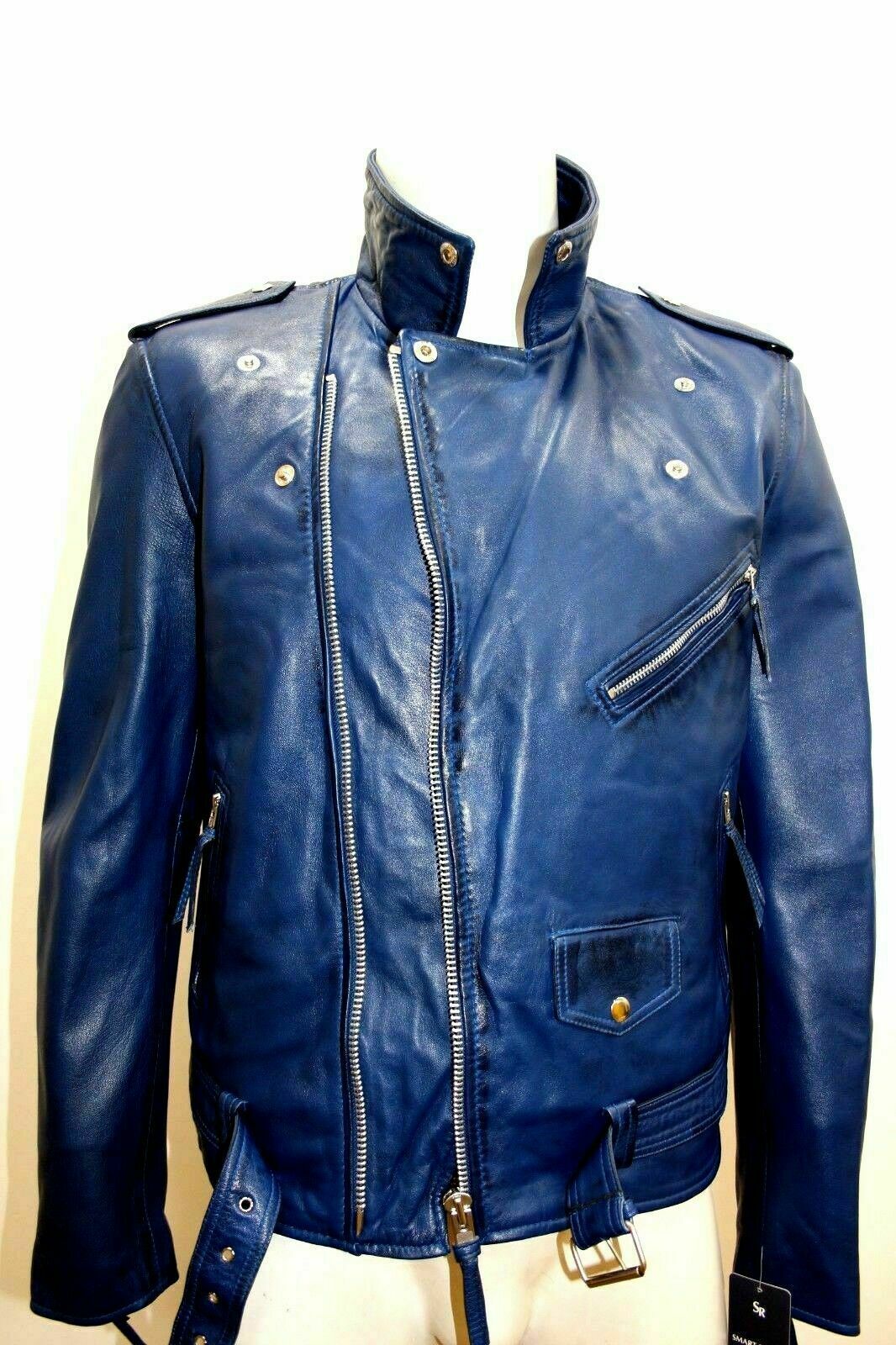 ZAFY LEATHER HERREN BLAU LEDERJACKE ORIGINAL WEICHES LAMMLEDER SLIM FIT BIKERJACKE ZL031
