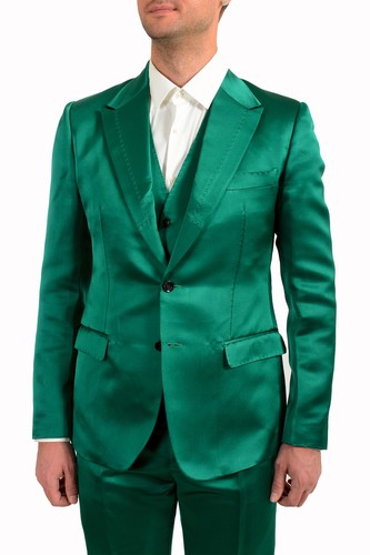 Pre-owned Dolce & Gabbana Men's 100% Silk Emerald Green Two Button Three Piece Suit