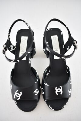 Pre-owned Chanel 22s Black White Print Lambskin Cc Logo Ankle Strap Block Heel Sandal 36.5