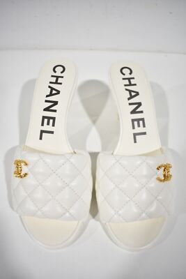 Pre-owned Chanel Rev White Lambskin Quilted Cc Gold Logo Cone Heel Mule Slide Sandal 37.5