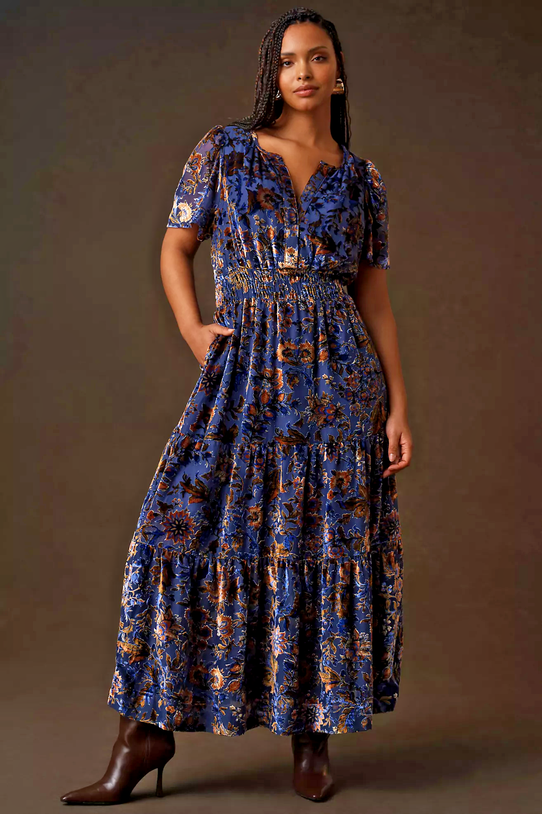 Pre-owned Anthropologie Somerset Tiered V-neck Burnout Velvet Maxi Dress Purple Plus 2x