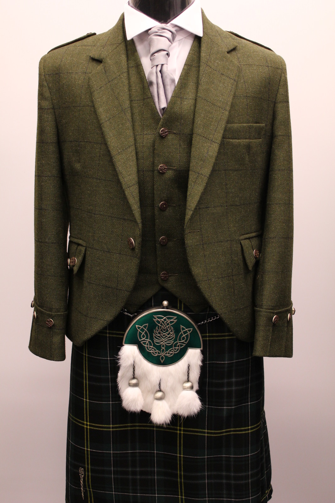Green Tweed Argyll Kilt Jacket & Vest Waistcoat 100 Wool Made to Order
