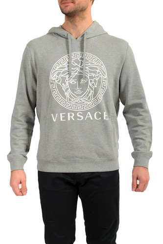 Pre-owned Versace Men's Gray Logo Medusa Print Hooded Sweatshirt Hoodie Us L It 52