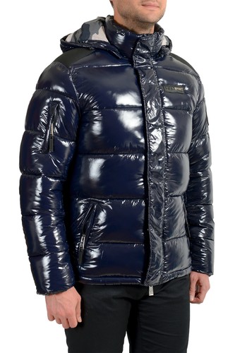 Plein Sport Men's Navy Blue Logo Print Zip Up Hooded Parka Jacket