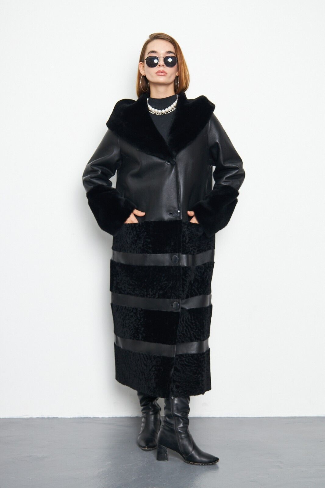 Pre-owned Handmade Astrakhan Fur Genuine Leather Coat Bdchsn01 In Black
