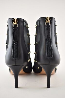Pre-owned Valentino Garavani Valentino Rockstud Shining Mesh Black Leather Stud Kitten Heel Ankle Bootie 36.5