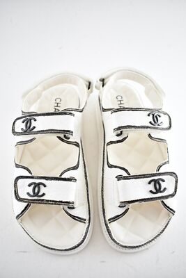 Pre-owned Chanel 22c White Black Graffiti Cc Logo Mule Slide Strap Flat Dad Sandal 36.5