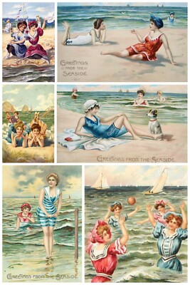 Handmade Set of 6 Retro Vintage SEASIDE Beach Ladies STICKERS - Just Cut & Use!