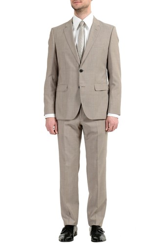Pre-owned Hugo Boss "jeffery/simmons182" Men's 100% Wool Beige Two Button Suit